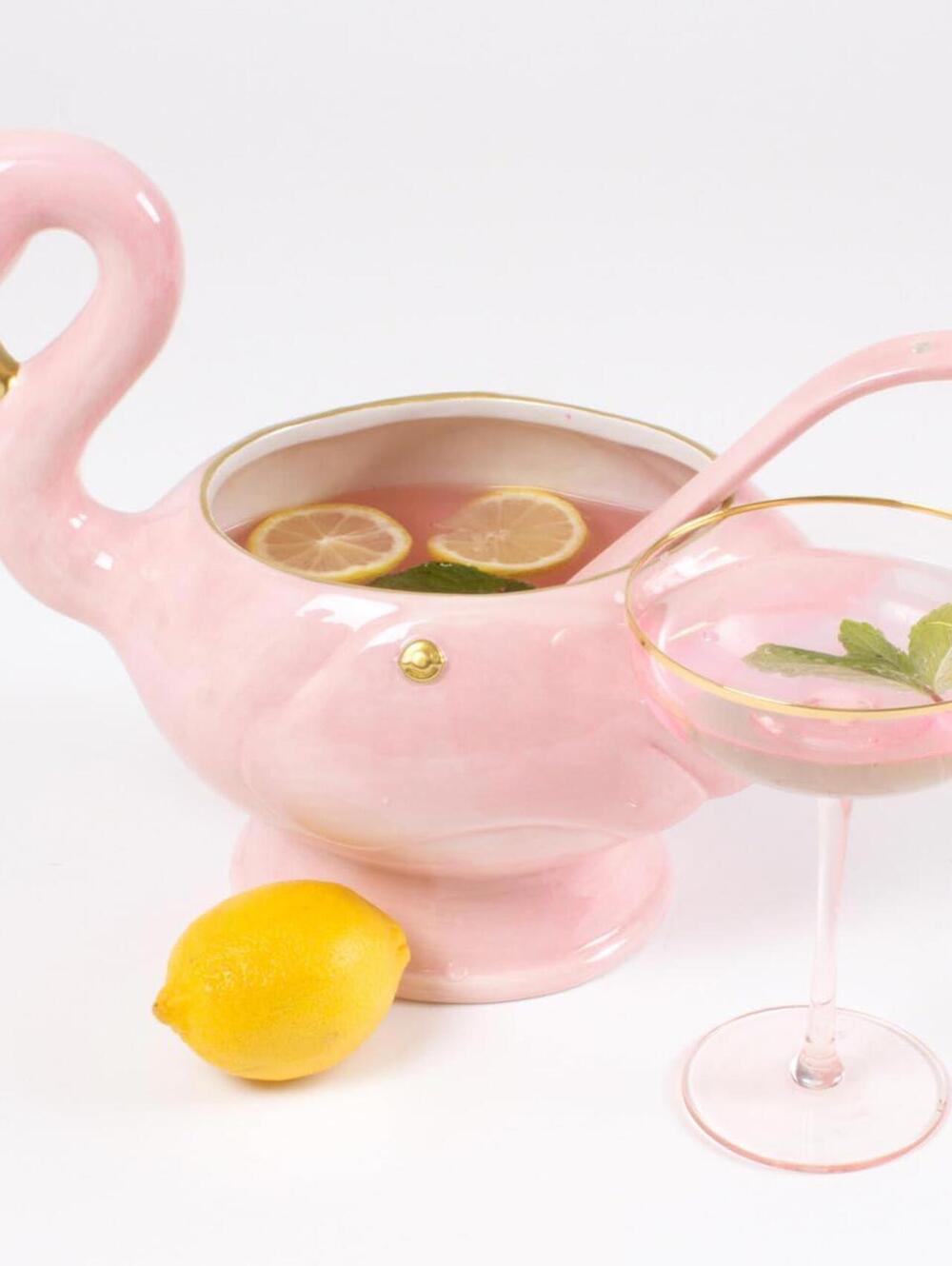 8 Oak Lane Flamingo Pink Punch Bowl & Ladle Ceramic 10.5" x 7.25" x 10.25"